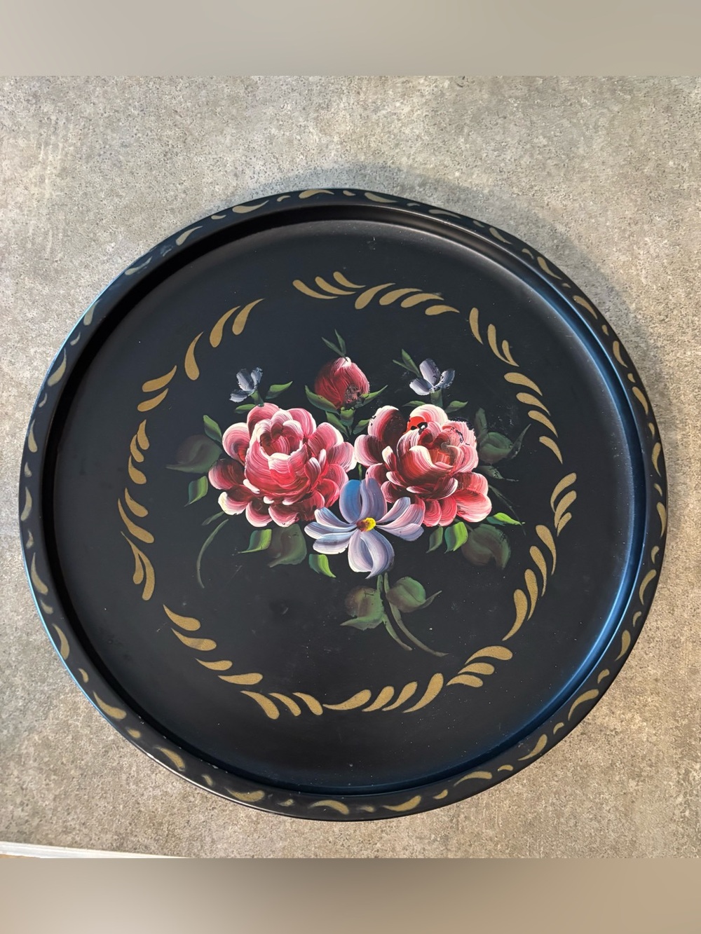Hand-Painted Floral Serving Tray - Black with Red & Pink Roses